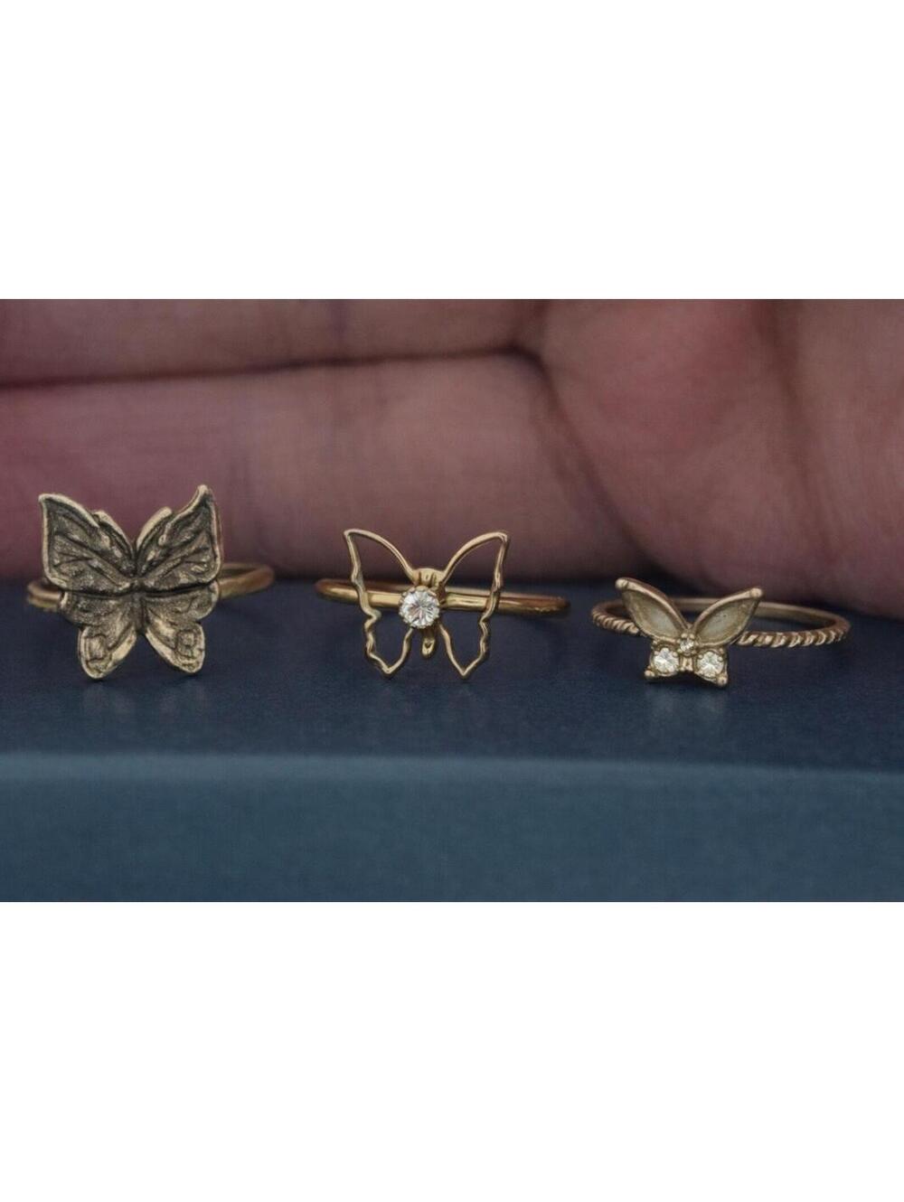 Lot 3 Butterfly Rings Gold Tone Dainty Adjustable Cute Minimalist Stack